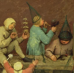 Barnspel (Kinderspiele): detalj av den vänstra delen som visar barn som gör leksaker och blåser bubblor, 1560 (detalj av 68945)